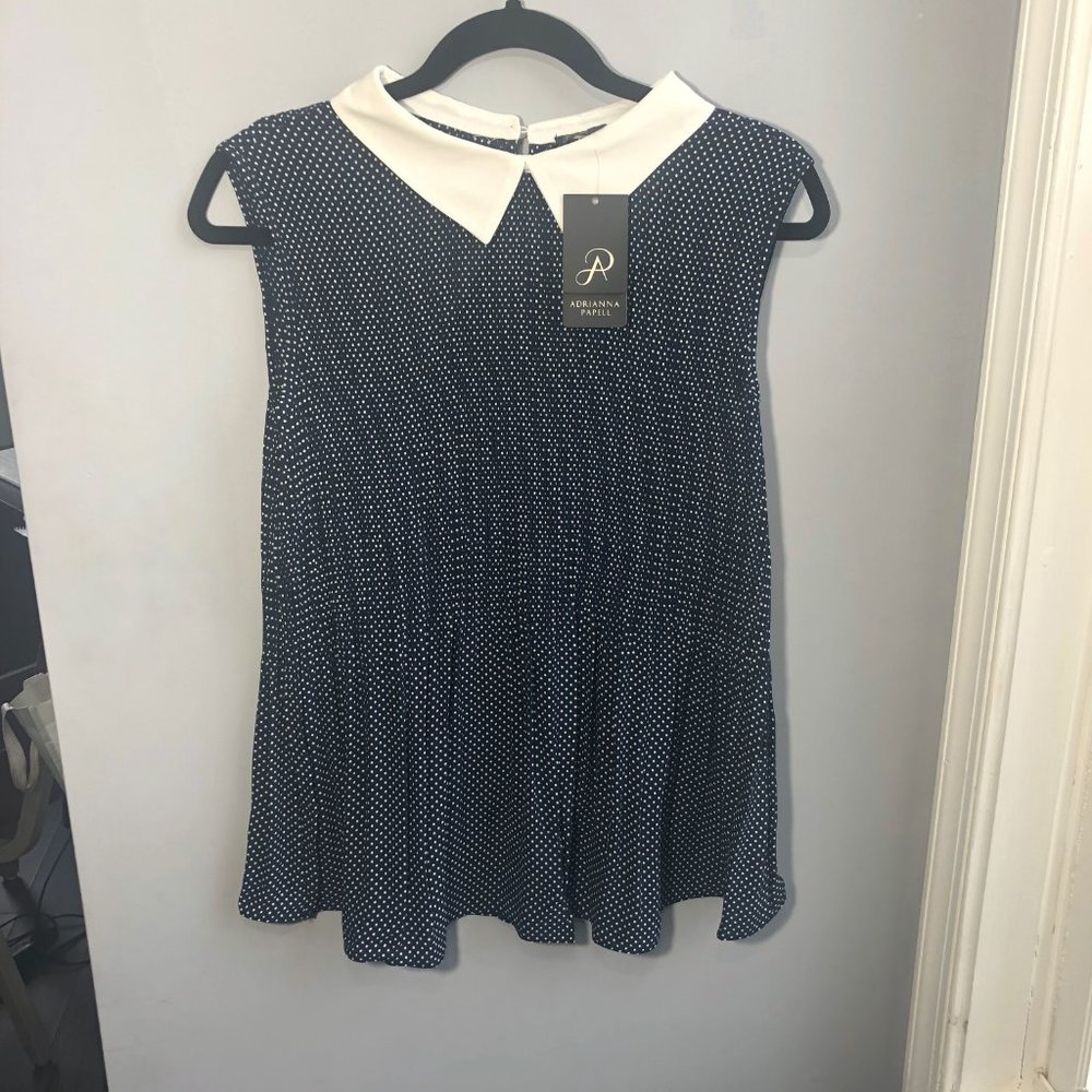 Adrianna Papell Medium sleeveless navy blue polka dotted colored top